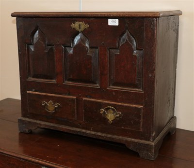 Lot 440 - An Oak Mule Chest, 18th century and later, of small proportions, the hinged lid above triple arched