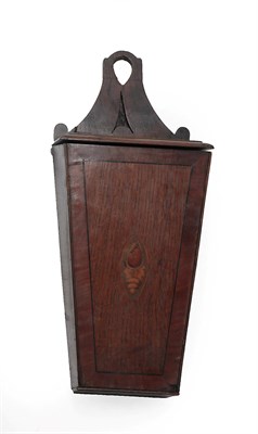 Lot 454 - A George III Oak and Mahogany Crossbanded Candle Box, late 18th century, of tapering form with...