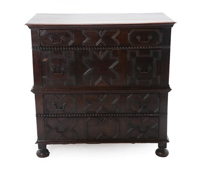 Lot 466 - A Late 17th Century Joined Oak Chest, in two parts, with four straight front geometric and...