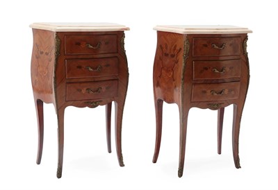 Lot 583 - A Pair of Louis XV Style Three-Drawer Petite Commodes, 20th century, the serpentine marble tops...