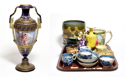 Lot 7 - Doulton jardiniere, blue and white tea bowls, Queen Victoria tyg, and a Sevres style blue and...