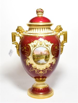 Lot 9 - Coalport gilt twin-handled vase and cover Coronation Edward VII 1902, painted with a view of...
