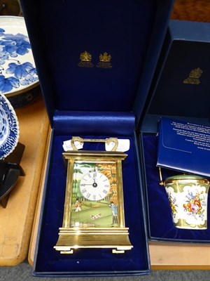Lot 42 - A Halcyon Days enamel carriage timepiece and two Halcyon Days enamel buckets (3)