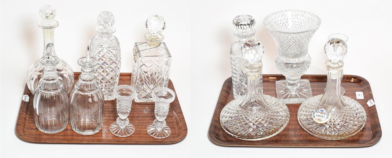 Lot 44 - Two trays of glass including two pairs of decanters, four further decanters, a vase and a pair...
