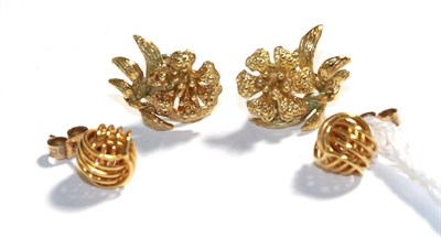 Lot 58 - A pair of 18 carat gold floral spray earrings, with post fittings and a pair of 9 carat gold...