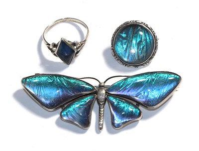 Lot 76 - A butterfly brooch, stamped 'SILVER', length 6.7cm, a circular brooch, stamped '925' and a...