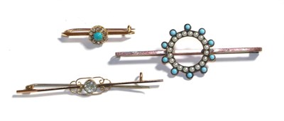 Lot 81 - A turquoise and split pearl bar brooch, stamped '9CT', length 6.4cm, a turquoise and diamond...