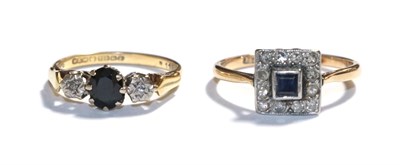 Lot 87 - An 18 carat gold sapphire and diamond three stone ring, finger size L and a sapphire and...