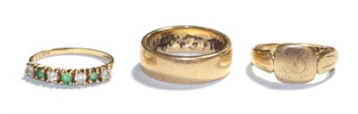 Lot 94 - A 14 carat gold band ring, finger size N1/2; a 9 carat gold signet ring, finger size N1/2 and a...