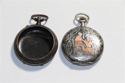 Lot 98 - A hunter's pocket watch engraved with a hunting scene, an empty watch case with horse decoration to