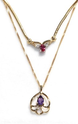 Lot 99 - A 9 carat gold amethyst pendant on a 9 carat gold chain, pendant length 2.3cm, chain length...