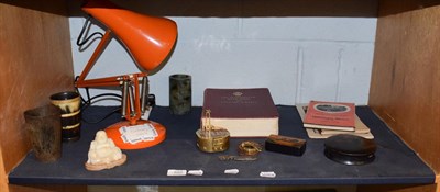 Lot 102 - An orange Anglepoise lamp - museum purposes only, an Eastern rug, two horn beakers, an...