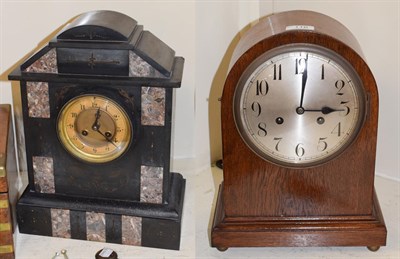 Lot 116 - Victorian black slate mantel clock and another oak cased clock (2)