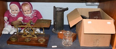 Lot 121 - Waterloe & Sons ticket machine, set of brass postal scales, two composition dolls and a box of...