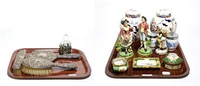 Lot 129 - A three piece silver backed dressing table set, a scent bottle, a pair of Sitzendorf figures, a...