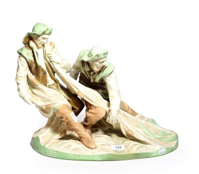 Lot 144 - Post 1919 Royal Dux figure group of fishermen hauling in the nets, model number: 208, 38cm high