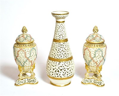 Lot 164 - A pair of Royal China works, Worcester reticulated vases and covers, together with a similar...