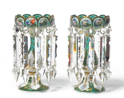 Lot 3 - A Pair of Bohemian White Overlay Green Glass Lustres, circa 1870, the octafoil bowls with panels of