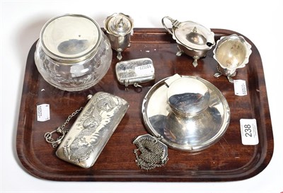 Lot 238 - A collection of assorted silver including a capstan inkstand, a case stamped with putto, a dressing