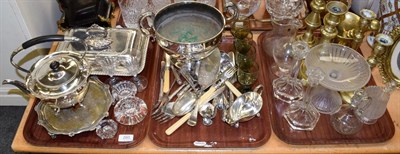 Lot 260 - A quantity of silver-plated flatware, twin-handled bowl, entree dish, spirit kettle, brass...