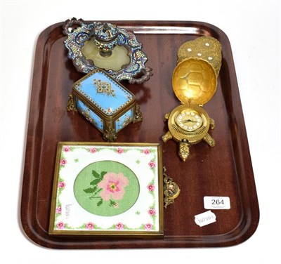 Lot 264 - A champlevé desk standish a blue enamel jewellery box, a filigree jewellery box, clock box, etc