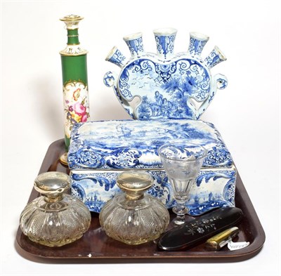 Lot 268 - A Delft box and cover decorated with a pastoral scene, a Delft posy vase, a 19th century...