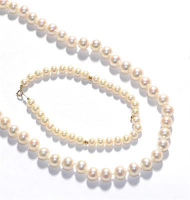 Lot 284 - A cultured pearl necklace, length 47cm, a cultured pearl bracelet, length 20.5cm and a pair of...