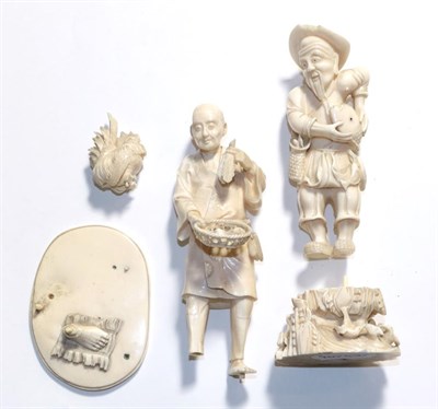 Lot 302 - Japanese ivory okimono of a farmer and chicken and another as a fisherman (2)