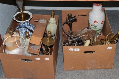 Lot 322 - A quantity of assorted ceramics and table lamps including two Benson style brass lamps (two boxes)