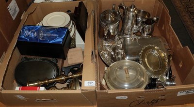 Lot 337 - Three boxes of silver plated wares, brass candle sticks, dinner wares glass, etc