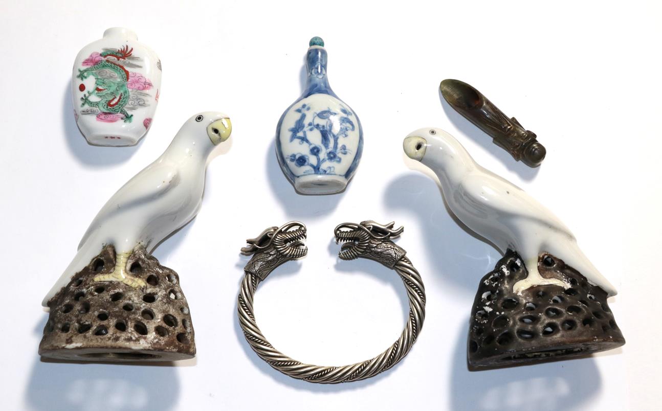 Lot 350 - Two Chinese birds, two scent bottles, a spoon and a bangle