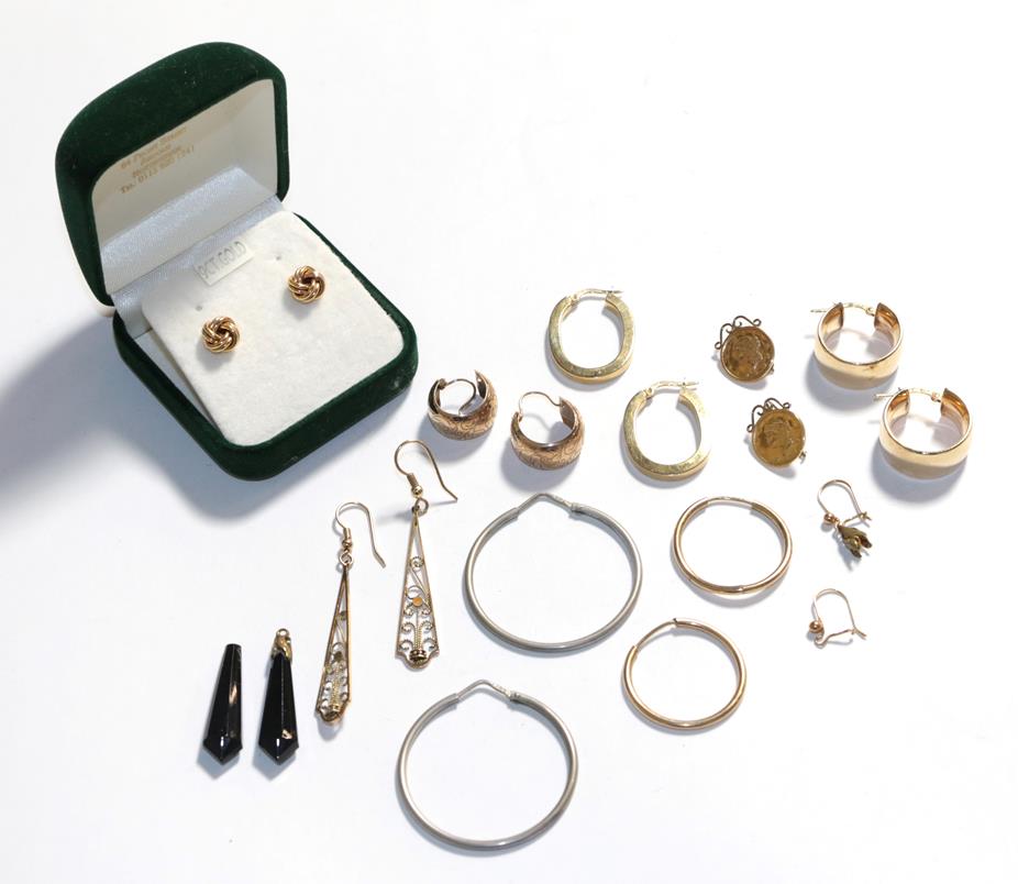 Lot 356 - Four pairs of 9 carat gold hoop earrings, a pair of drop earrings, stamped '9CT'; a pair of...