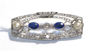 Lot 365 - An Art Deco synthetic sapphire, diamond and split pearl brooch, the central rose cut diamond...