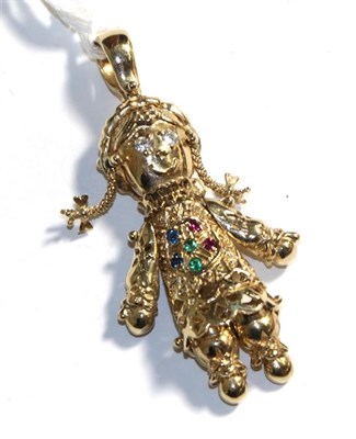 Lot 374 - An articulated gem set doll pendant, stamped '9K', length 6.2cm