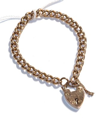 Lot 376 - A curb link bracelet with a 9 carat gold heart shaped padlock clasp, length 19.5cm