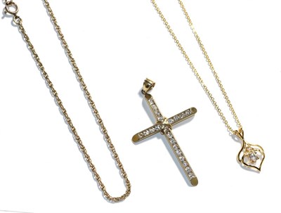 Lot 378 - A paste set cross pendant, stamped '9K', length 6.6cm, a gilt metal pendant on chain and a...