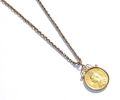 Lot 381 - An 1887 double sovereign mounted as a pendant on chain, chain length 67.5cm