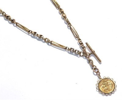 Lot 382 - A fancy link watch chain stamped '9' and '.375', hung with a loose mounted 1892 full sovereign