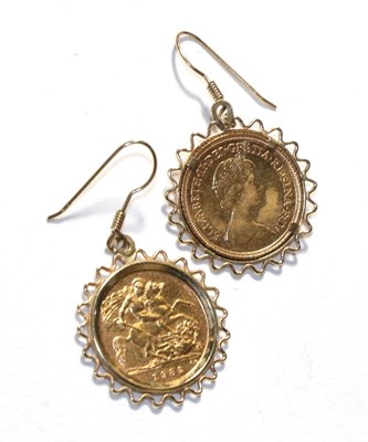 Lot 391 - A pair of half sovereign drop earrings, both dated 1982, length 4.0cm