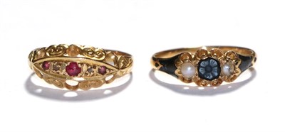 Lot 392 - An 18 carat enamel and split pearl mourning ring, finger size M and an 18 carat gold gem set...