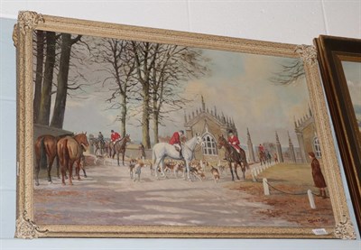 Lot 1005 - Wilfred Bailey (fl.1942-56) A hound pack and huntsmen before a gatehouse, signed, oil on...