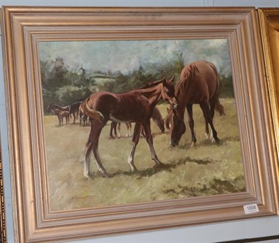 Lot 1008 - *Marriot (20th century) Study of mare and foal, signed, oil on board, 40cm by 50cm
