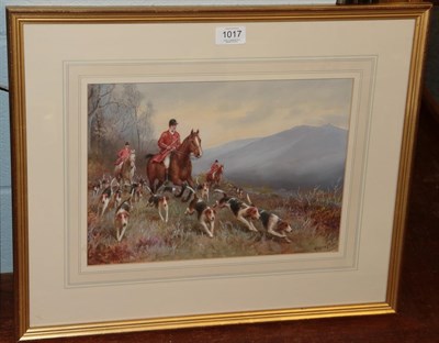 Lot 1017 - Andrew Beer (19th/20th Century) Huntsman and hounds in full cry, signed, watercolour, 24cm by 34cm