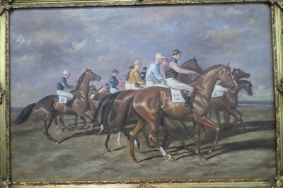 Lot 1022 - After Sir Alfred Munnings (1878-1959) The start of the race, oil on canvas, 59cm by 90cm