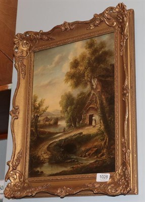 Lot 1028 - B.F.Gwen (19th century) River landscape with figures and cottage, signed, oil on panel
