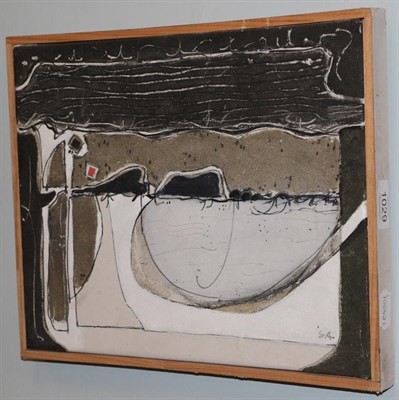 Lot 1029 - Eric Atkinson (born 1928) 'Cape Hurd, Lake Huron Ontario' initialled, acrylic and sand on canvas