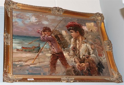 Lot 1035 - Nino Salvadori (20th Century) Two fisher boys, signed, oil on canvas, 50cm by 70cm