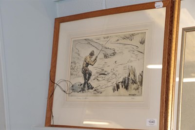 Lot 1040 - Henry Wilkinson, Trout fishing, signed drypoint etching, 24cm by 36cm