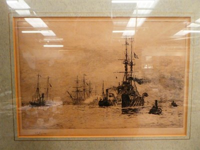 Lot 1041 - W.L.Wyllie, shipping scene, signed etching together with ''Fleet Review'' by the same hand,...