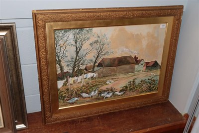 Lot 1047 - W D Guthrie, Geese before a country cottage, signed, watercolour, 49.5cm by 71cm